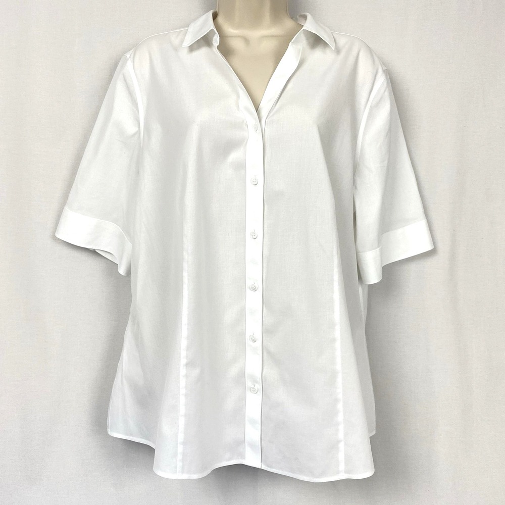 Talbots Non Iron Button Up Shirt Women 18 Solid White Half Sleeve Stretch Office